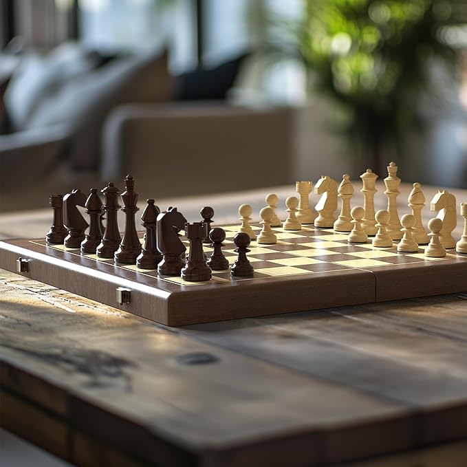 Premium 38 cm Walnut Magnetic Chess and Checkers Set - 2-in-1 Foldable Wooden Board Game with Staunton Figures, 2 Extra Ladies, Tiles and Dust Bag (Black)