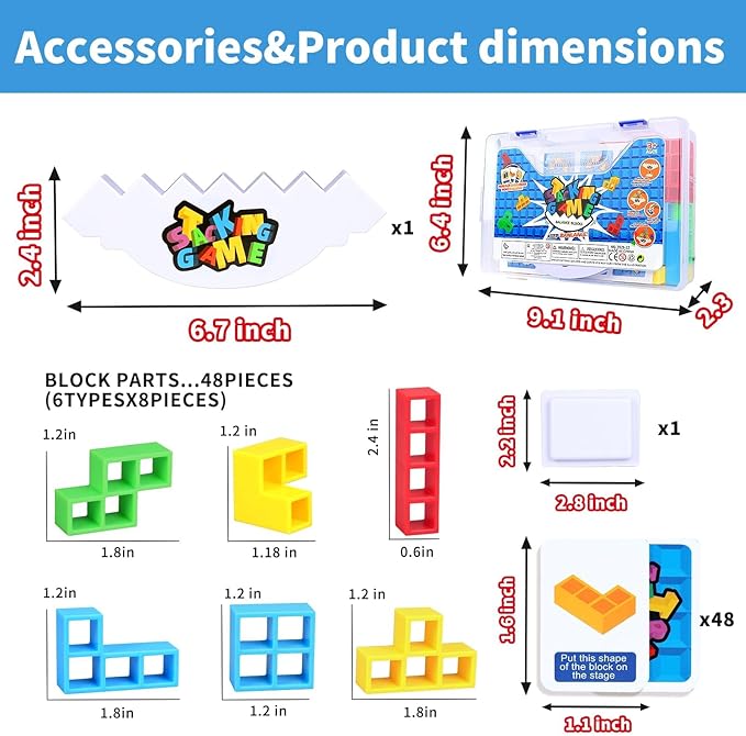 48PCS Stack Game for Adult & Kids, Tetra Board Tower Games for Family Travel Party, 2 Players Balance Stacking Toy Attack, Team Toys Building Block