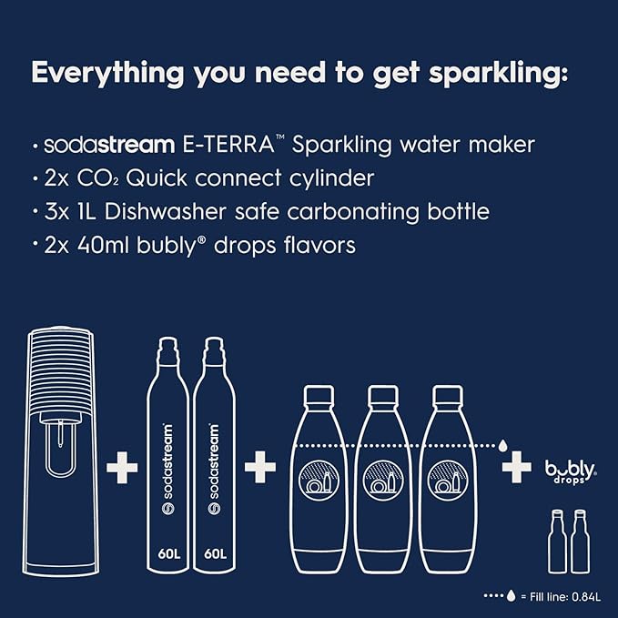 SodaStream E-TERRA Sparkling Water Maker Bundle (White), with CO2, Carbonating Bottles, and bubly Drops Flavors