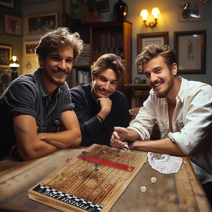 Wooden Finish Line Horse Racing Board Game Equipped with 11 Luxury Metal Craft Horses Adult Chessboard Including 2 Dice and 2 Boxes of Cards Folding Box Game Board (Light Flame)