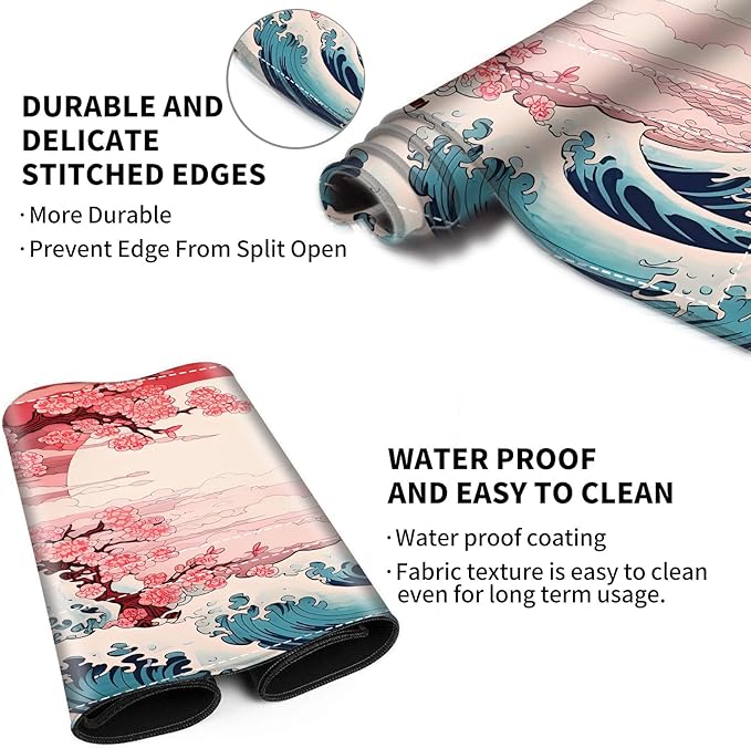 Playmat with Zones for MTG Card Game Playing, Game Mats Tabletop Magic Play Mats 24"x14" Commander Deck Gaming Desk Duel Mat Card Gameplay Mats for Beginner, Japanese Sakura Wave