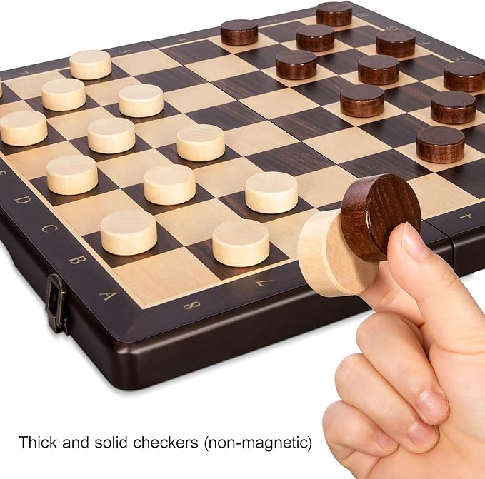 2 in 1 Wooden Magnetic Chess Set & Checkers Board Game-15'' Foldable Chess Board for Adults & Kids-Portable Travel Chess Set with Pieces Storage Slots-2 Extra Queens-Beginner Chess Board Game