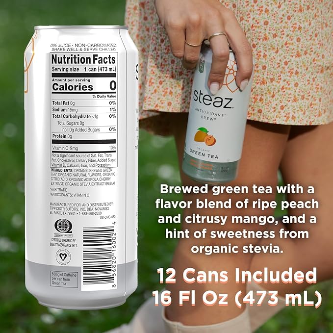 Steaz - Organic Green Tea - Zero Calorie Peach Mango (12 Pack) - Antioxidant Brew - 65mg Natural Caffeine, Vitamin C - Stevia Sweetened Iced Tea - Vegan, Fair Trade - 12 Cans, 16 fl oz (473mL)