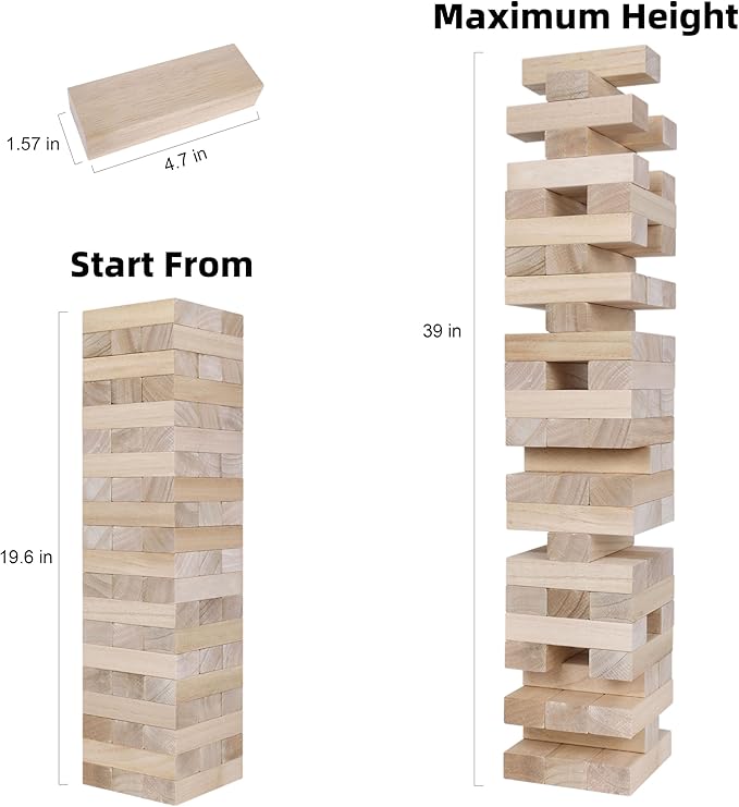 GOTHINK Giant Tumble Tower Game, Large Tumbling Tower Stack to Over 3.2 FT 60pcs Wooden Jumbo Blocks for Outside Yard Games with Carry Case Timber Stacking Game Night Toy Gift for Kids Adults Family