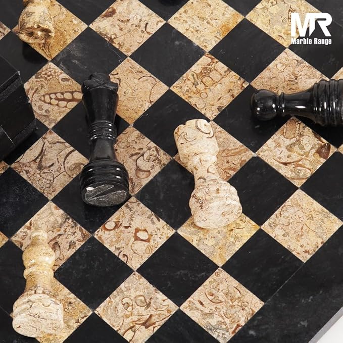 Marble Chess Set 15 Inch Handmade Black & Coral Board Game with Storage Box, Classic Travel Chess Set for Adults with Pieces & 2 Extra Queens, Elegant Gift & Home Décor