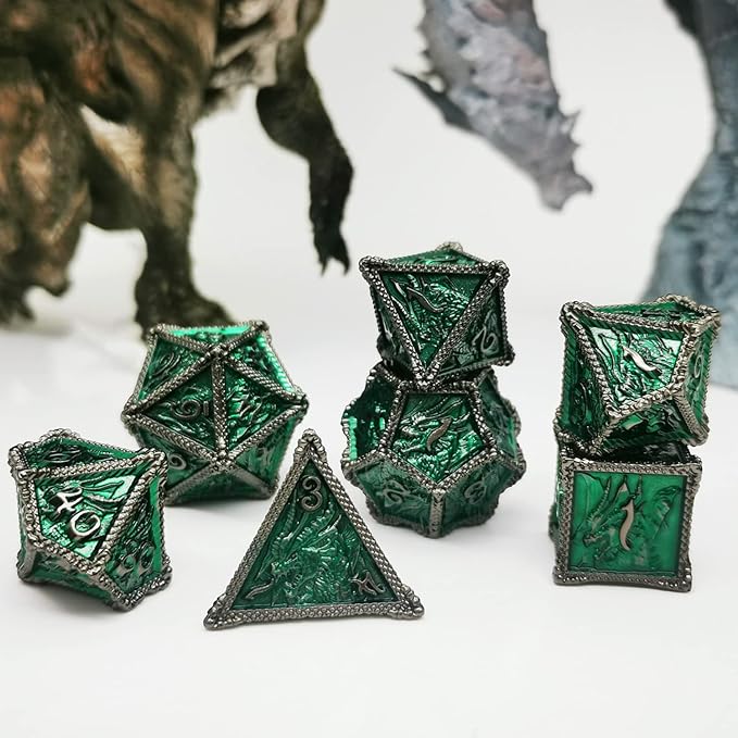 HAOMEJA Metal Dice DND Dragon Dice Set 7 Role Playing Dice D&D Solid Dice Dungeons and Dragons (Black Nickel Green)