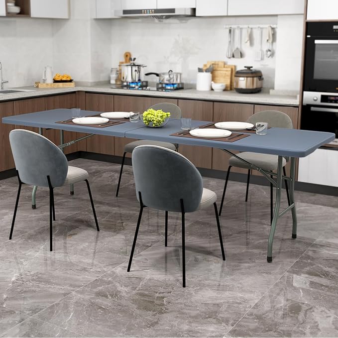 Goplus 8ft Plastic Folding Table, 350 LBS Outdoor Heavy Duty Folding Tables with HDPE Tabletop, Handle, Lock, Foldable Rectangle Portable Utility Card Table for Picnic, Party, Camping, Dining