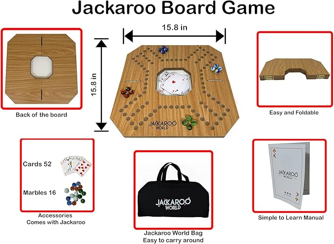 Jackaroo Board Game - 2-4 Player Marble Board Games - Marble Strategy Game - Carbles game with Cards - Marbles and Jokers Board Game Wooden Wahoo Game Board Foldable Dirty Marbles Strategy Games (Oak)