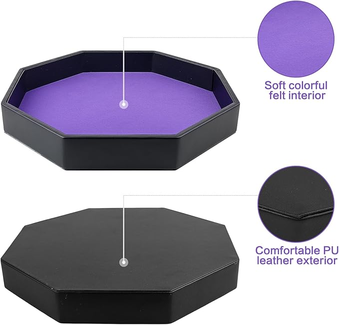 Dice Rolling Tray, Purple Felt Lined PU Leather Octagon Dice Tray for Dungeon Crawler Games