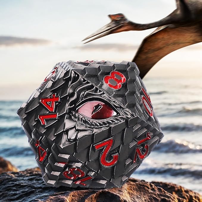 Metal D20 DND Dice Set - Dragon Scale Metallic 20 Sided Giant Polyhedral Dice,35mm Large Dragon Eye Metal D&D Dice Set for Dungeons and Dragon Tabletop Game(Black Dragon Scale)