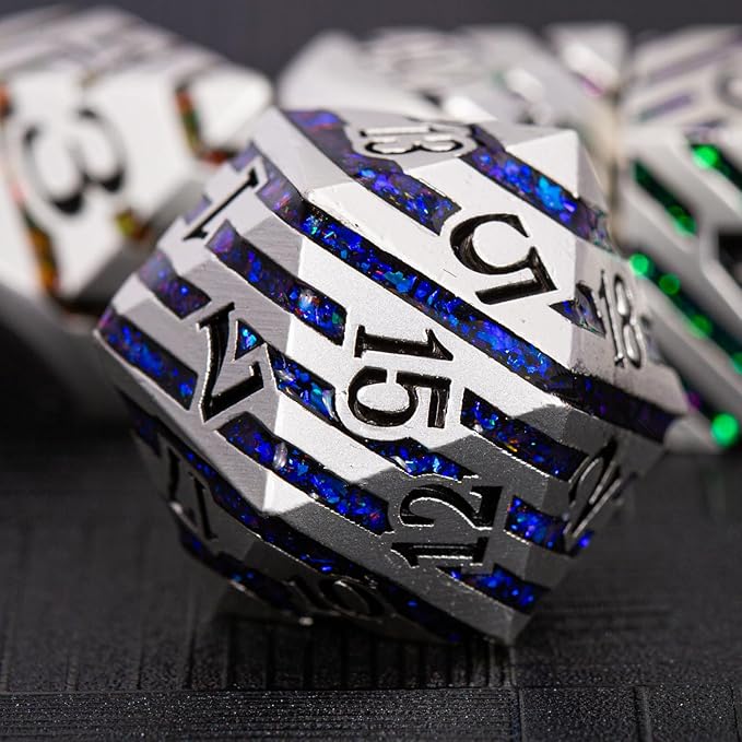 Metallic Stripes Dice with Gift Case, D&D Metal Polyhedral Dice Sets for Tabletop Games (Pearl Silver Seven Colors)