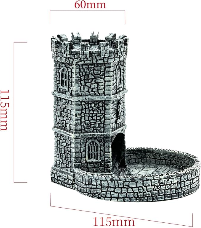 Castle Dice Tower with Tray, Wall Carving Dice Rolling Tray for Dungeons and Dragons | Easy Roller Perfect for Board Game, D&D and RPG, (Grey)