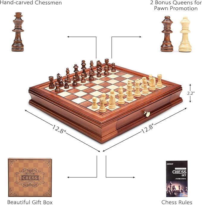 AMEROUS 12.8'' Magnetic Wooden Chess Set / 2 Built-in Storage Drawers / 2 Extra Queen/Gift Package/Chess Rules/Classics Strategy Board Games Chess Sets for Kids and Adults