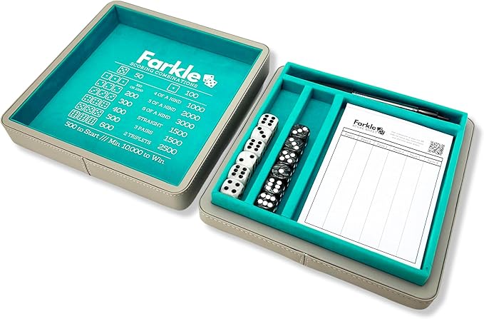 Luck Lab Farkle Dice Tray and Storage Case - Includes Embedded Scoring Combinations, 2 Sets of 6 Pearl Dice, 40 Sheet Score Pad and Pen Holder for The Classic Family Game (Grey and Turquoise)