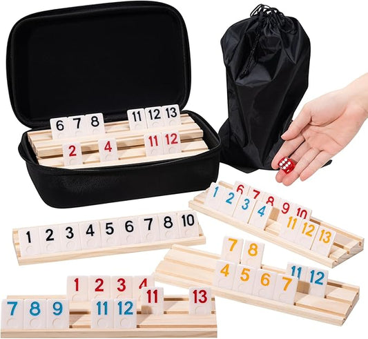 Rummy Cube 6 Player with 6 Wooden Racks, 160 Tiles, Portable Travel Game Set for Family Game Night, Travel Case, Drawstring Bag