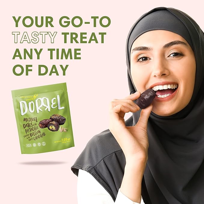 Dorrel Belgian Dark Chocolate Covered Medjool Dates Stuffed with Pistachios, Nutritious and Tasty Dark Chocolate Pistachio Nuts, High-Energy Snack, Non-GMO, Kosher, 1 Pack