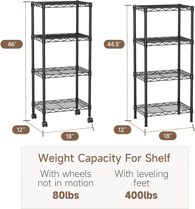 4 Tier Adjustable Storage Shelves Heavy Duty Metal Utility Shelf Wire Shelving Unit Organizer Rack for Home Kitchen Office Bathroom Pantry Room 12" D x 18" W x 44.5" H