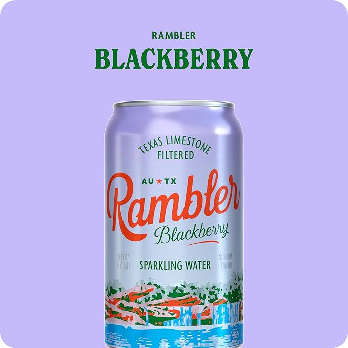 AUTX RAMBLER Sparkling Water, Texas Limestone Mineral Blend, Blackberry Flavor, 12-Ounce Cans, Three 8-Packs (24 Cans)