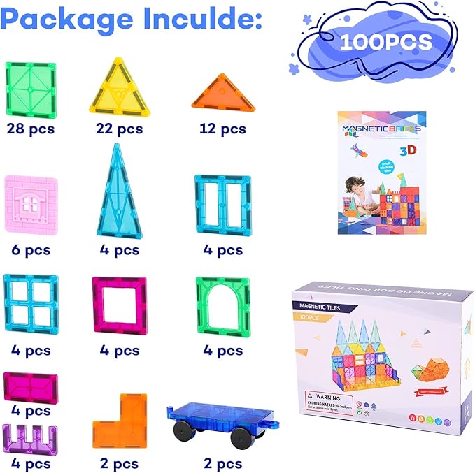 Magnetic Tiles 100PCS with 2 Cars, STEM Educational Building Blocks for Kids Ages 3-9, Magnet Construction Toys Gift for Toddlers