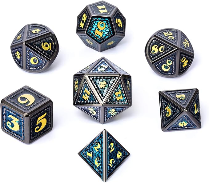 DNDND Metal Dice, 7 PCS Dragon Scale Metallic DND Die with Gift Metal Case for Dungeons & Dragons D&D (Teal with Black Edge)