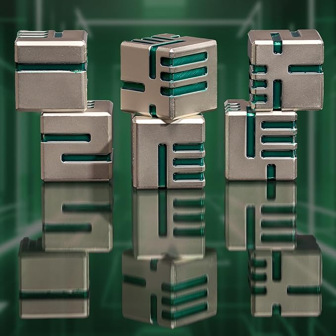 6 of Pack 16MM Metal 6 Sided Dice Set,White Green Line Round Edges Game Dice Set, with Gift Box for Dungeons and Dragon,Bunco or Teaching Math Tabletop Game(White Green)