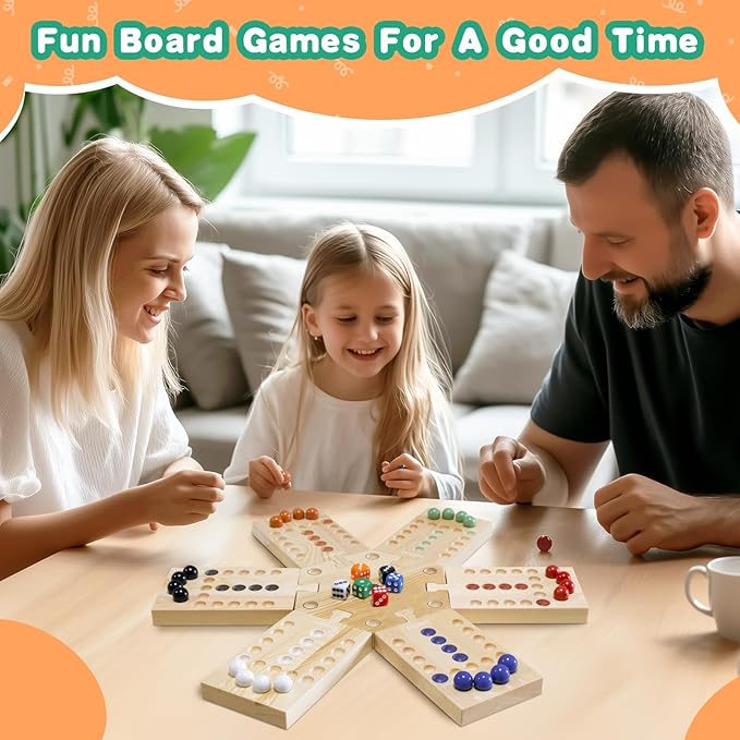 JEVERGN Marble Board Game Set, Portable Fast Track Game, Wooden Board Games for 2-6 Players, with 36 Marbles and 12 Dice (6 Colors) for Family Friends, Party Game Night
