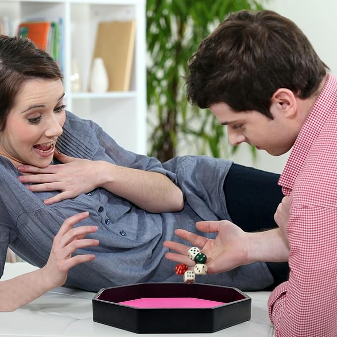 Dice Rolling Tray, Pink Felt Lined PU Leather Octagon Dice Tray for Dungeon Crawler Games