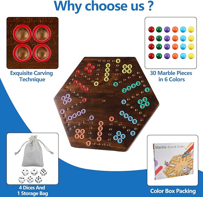 Large Size 20 inches Wood Wahoo Marble Board Game 2 Sided Game 4-6 Player for Friends and Family Party,Classic Stragecy Trouble Game with 6 Dices,24 Marbles(Rustic Brown)