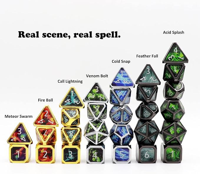 Haxtec Metal Dice Set D&D Acid Splash Real Scene Black Green Polyhedral DND Dice W/PU Leather Dragon Eye Dice Bag for TTRPG Dungeons and Dragons Gifts