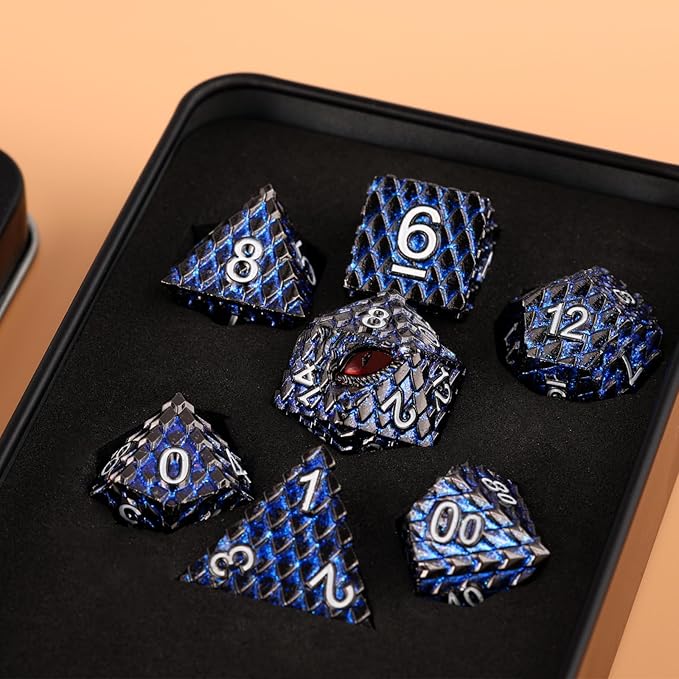 Metal Dice Set D&D,7 PCS Dragon Scale Metallic DND Dice Set,Dragon Eye Metal Dice with Gift Metal Box for Dungeons and Dragon Tabletop Game (Glitter Blue Dragon Scale & Red Eye)