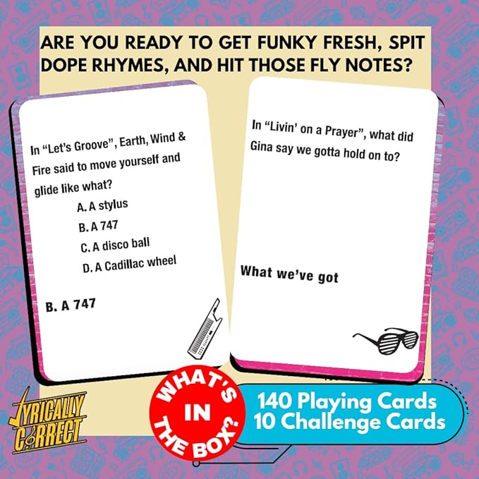Lyrically Correct 80’s Mixtape Hip Hop, R&B, Funk & Pop Music Trivia Card Game for Friends, Fun Party Game for Adults, Family Gatherings, Finish The Lyrics Challenge, and 80s Music