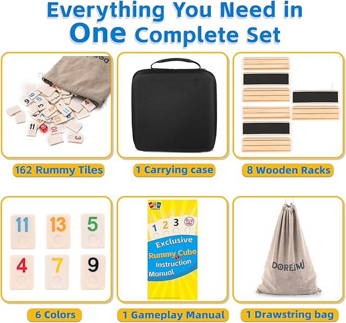 Deluxe Rummy Cube Game Set 6 Colors with 8 Wooden Racks & 162 Rummy Tiles | Travel & Family Board Game for Adults and Kids