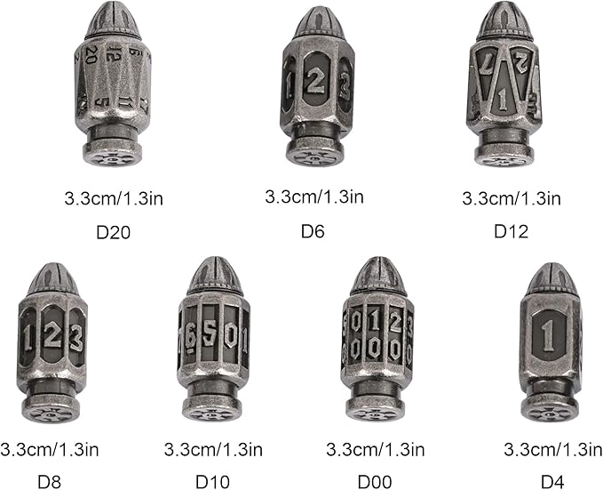 UDIXI Metal DND Dice Set, 7-Die Bullet Polyhedral Dice Set Cool Style with Unique Container for D&D, Role Playing Game or Other Tabletop Games（Silver）
