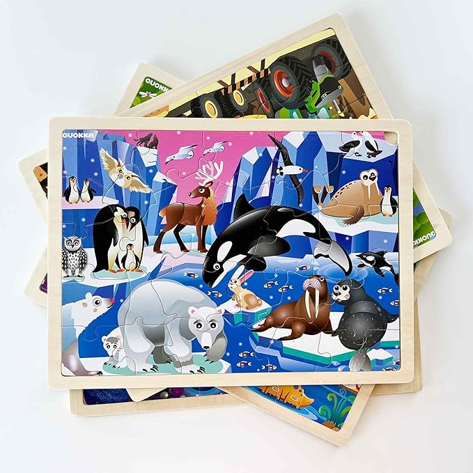 QUOKKA 4SET Puzzles for Kids Ages 4-6 - 36 Pcs Wooden Realistic Montessori Toddler Puzzles Ages 3-5 - Animals Dinosaurs Learning Games for Boys and Girls 4-8 Year Olds