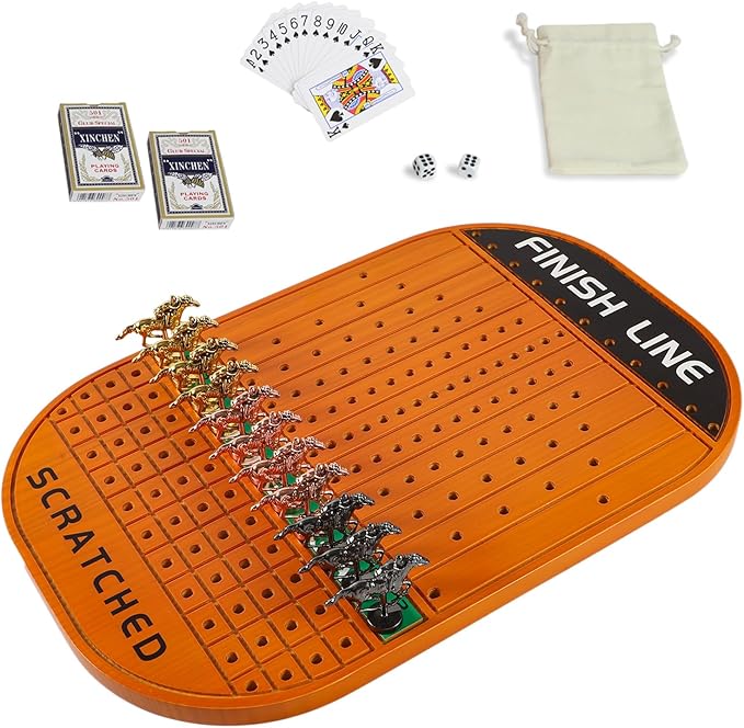 Horse Race Board Game Racing Game Thickened Solid Wood with 11 Luxurious Durable Classic Metal Horses with 4 Dice and 2 Boxes of Cards Horse Racing Game (Red Peach)…