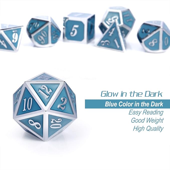 DnDnD Glowing DND Metal Dice Set,Luminous Blue Metal Dice for Role Playing Game Dungeons and Dragons RPGs and Other Table Games