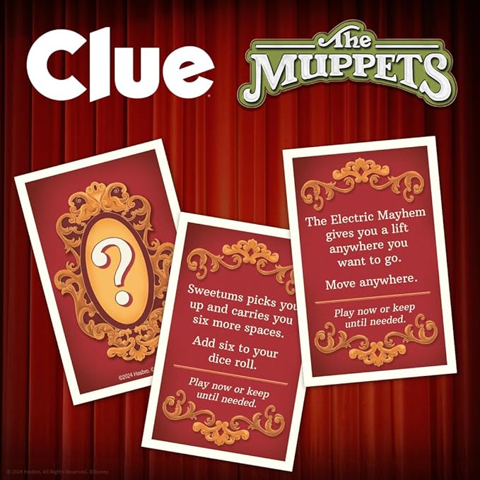 CLUE: The Muppets, Classic Board Game, Solve The Mystery in The Muppet Theater with Kermit, Fozzie, & More, Discover Who, Where, and What Weapon was Used, Officially Licensed The Muppets Merchandise