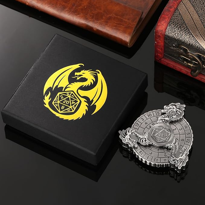 Spinner DND Dice, 7-in-1 Dragon Metallic D&D Dice, Dragon Roulette Dice Spinner for DND Dice Set, DND Gifts with Gift Box, Role Playing Board Game Accessories, DND Dice Set Gifts, Silver