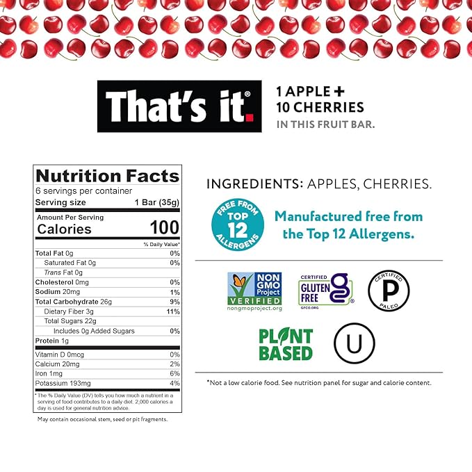 That's it. Fruit Bars 12 Variety Pack 100% Natural Real Fruit Bar, High Fiber Vegan, Gluten Free, Paleo, Non-GMO No Sugar Added (6 Mango, 6 Cherry)