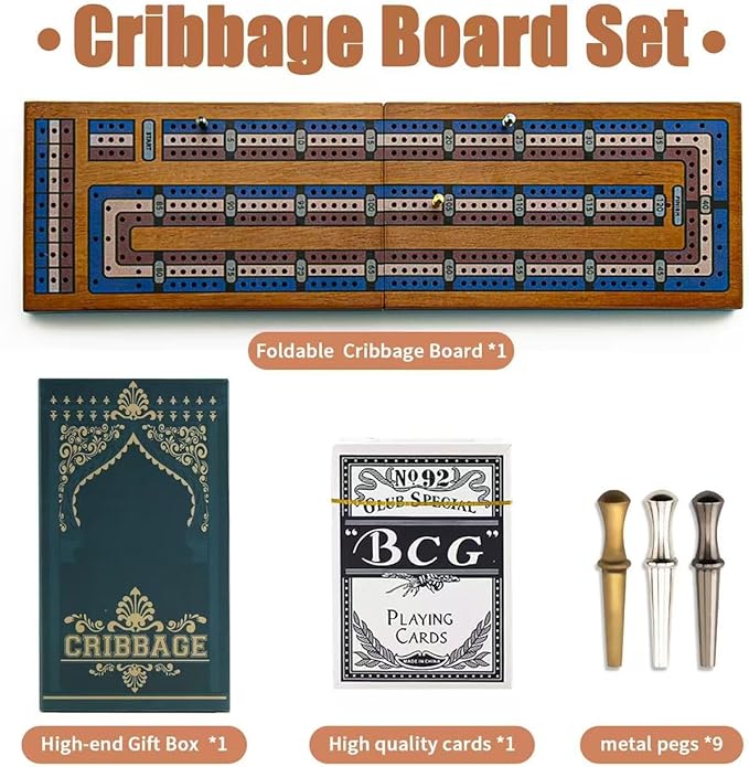 Wooden Cribbage Board Game Set, Travel Cribbage Board with Storage and Collapsible, with Magnetic Lock / 9 Metal Pegs/Full Deck of Cards, Family Board Games for Kids and Adults
