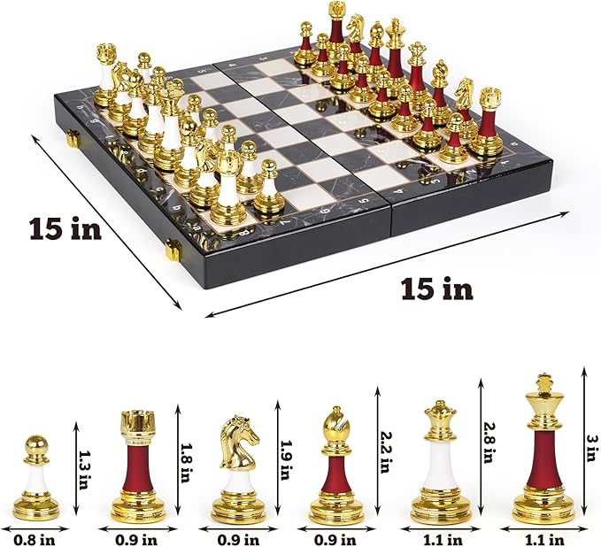 15" Large Chess Set for Adults with Weighted Acrylic Chess Pieces 3.5" King & Portable Folding Marbling Wooden Chess Board Travel Chess Sets Elegant Classic Chess Game – Family Board Game Gift