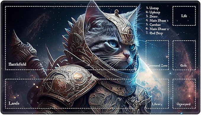 Playmat with Zones for MTG Card Game Playing, 24"x14" Commander Deck Gaming Desk Duel Mat for Beginner, Cat Warrior Space