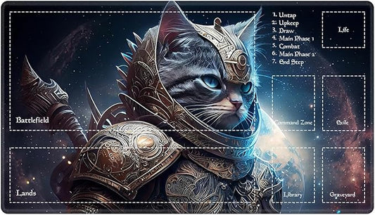 Playmat with Zones for MTG Card Game Playing, 24"x14" Commander Deck Gaming Desk Duel Mat for Beginner, Cat Warrior Space