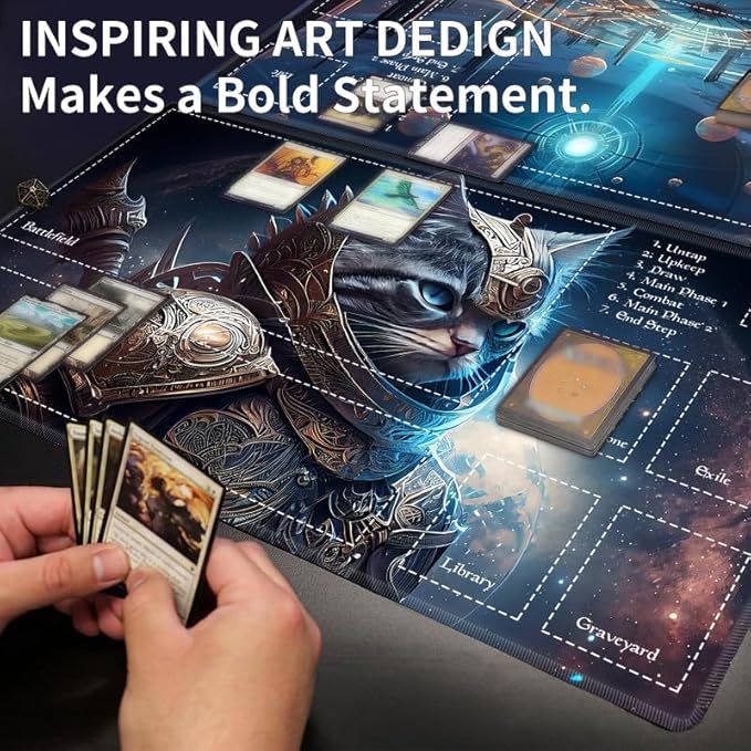 Playmat with Zones for MTG Card Game Playing, 24"x14" Commander Deck Gaming Desk Duel Mat for Beginner, Cat Warrior Space