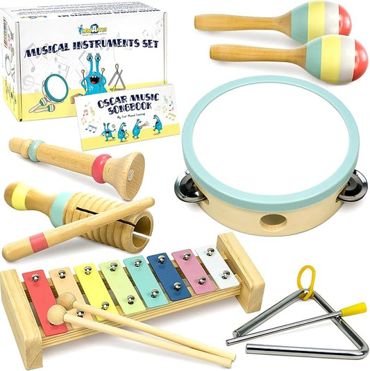 MINIARTIS Baby Musical Instruments - Montessori Musical Toys for Toddlers 1-3 | Modern Boho Kids Xylophone with Songbook | Neutral Colors Wooden Percussion Instruments Set | Preschool Educational 3+