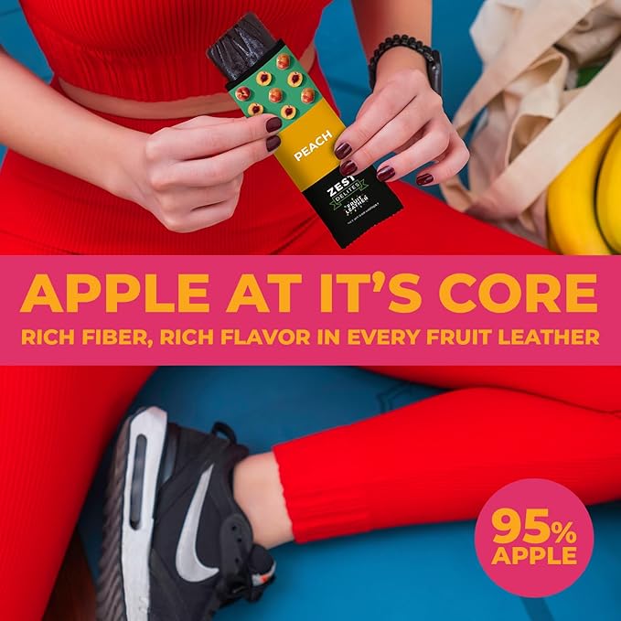 Fruit Snacks by Zest Delites, Dried Fruit Leather Bars, Healthy Snacks for Adults & Kids, Gluten Free Apple-Based Strips, Vegan, Peach, Plum, 0.88 oz x 10