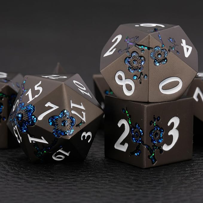 Metallic Glitter Flowe Dice Set,7pcs DND Polyhedral Dice Set with Gift Box,Metal Polyhedral RPG Dice for Table Game(Pearl Gun-Blue)