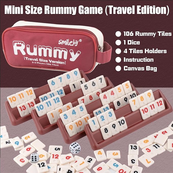 Smilejoy Mini Rummy Cube 4 Players Edition,Travel Rummy Game Set with Portable Canvas Bag,Classic Board Game for Adults and Kids |106 Tiles | 4 Playing Racks |1 Dice | (2-4 Player) ﻿