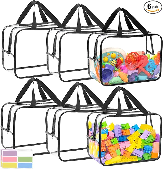 6 Packs Large Toy Storage Bags, Dual Zippers and Portable Handheld Design, Clear Waterproof Toy Organizer Bags with Labels, Board Game Storage for Building Blocks, Puzzle