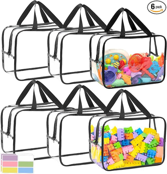 6 Packs Large Toy Storage Bags, Dual Zippers and Portable Handheld Design, Clear Waterproof Toy Organizer Bags with Labels, Board Game Storage for Building Blocks, Puzzle